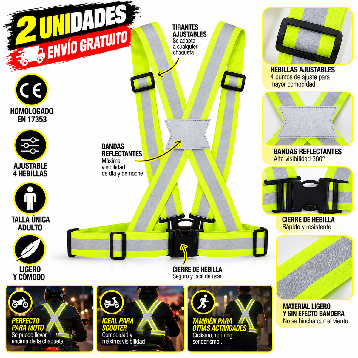 Pack 2 Chalecos Reflectantes Moto y Scooter | Arnés Alta Visibilidad Homologado EN 17353 | Ajustable Talla Única Adulto | Envío Gratis