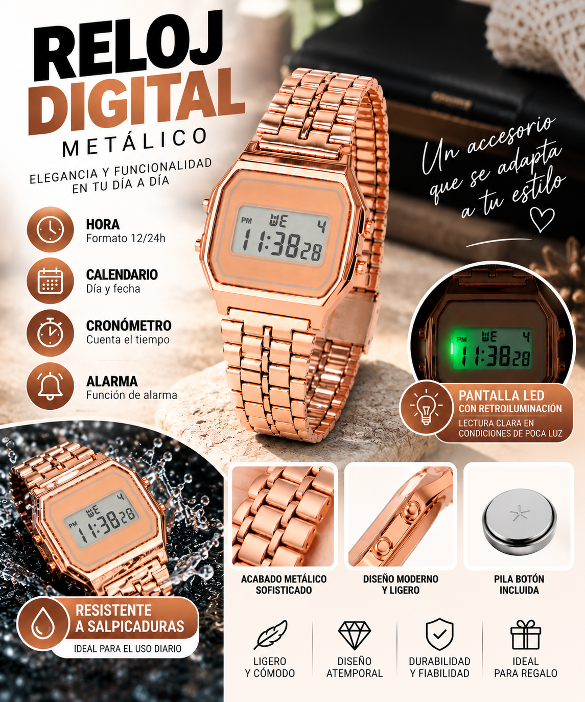 Reloj Digital Metálico Retro Oro Rosa con Luz LED, Alarma y Cronómetro
