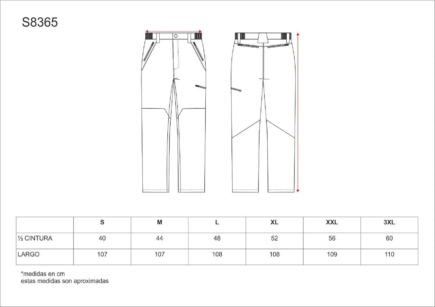 S8365 Pantalón combinado, con 2 bolsos laterales, 2 traseros y 1 bolso en pernera.