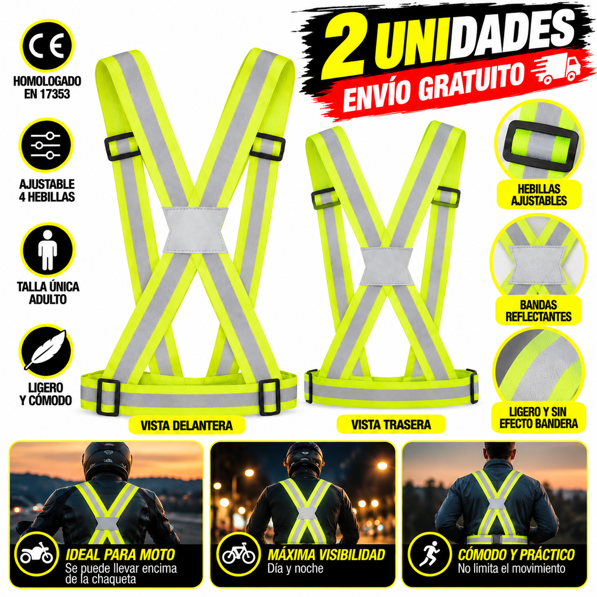 Pack 2 Chalecos Reflectantes Moto y Scooter | Arnés Alta Visibilidad Homologado EN 17353 | Ajustable Talla Única Adulto | Envío Gratis