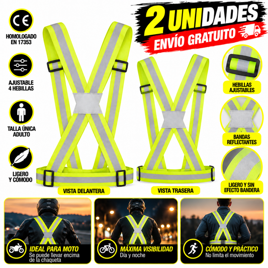 Pack 2 Chalecos Reflectantes Moto y Scooter | Arnés Alta Visibilidad Homologado EN 17353 | Ajustable Talla Única Adulto | Envío Gratis
