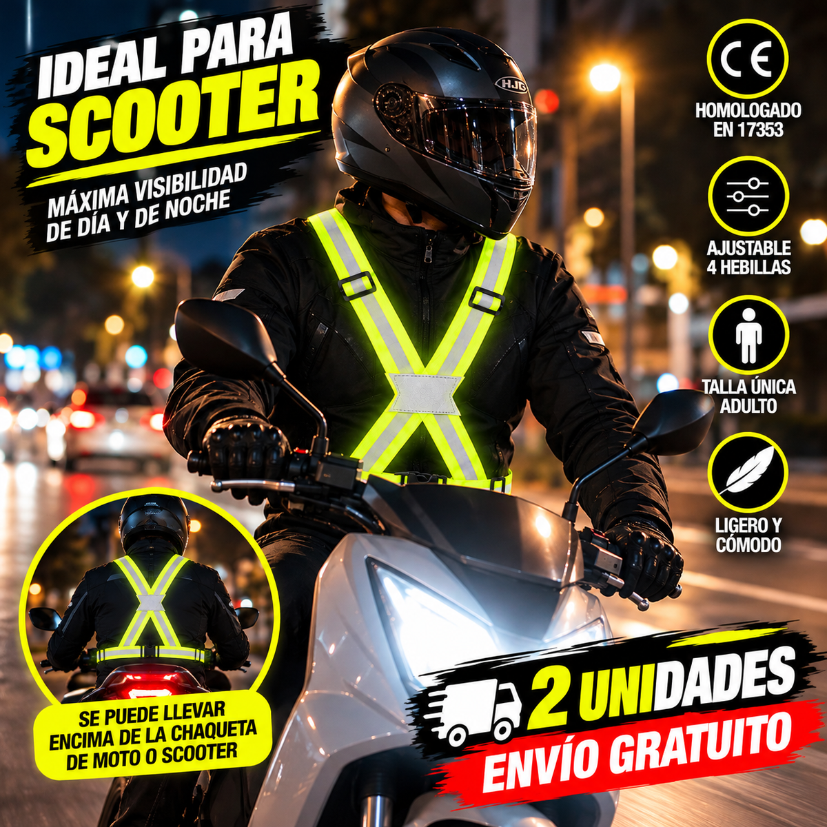 Pack 2 Chalecos Reflectantes Moto y Scooter | Arnés Alta Visibilidad Homologado EN 17353 | Ajustable Talla Única Adulto | Envío Gratis