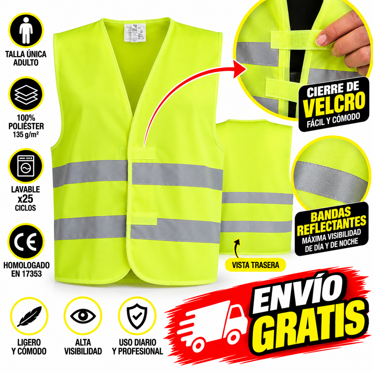 Chaleco Reflectante Moto Alta Visibilidad con Velcro | Pack 1 o 2 Unidades | Talla Única Adulto | Amarillo Fluorescente | Envío Gratis