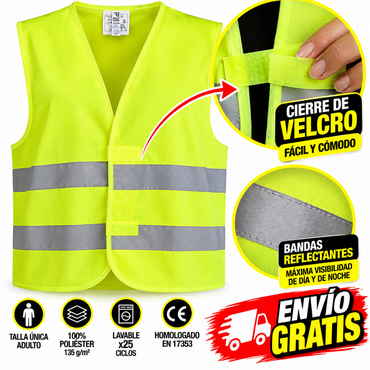 Chaleco Reflectante Moto Alta Visibilidad con Velcro | Pack 1 o 2 Unidades | Talla Única Adulto | Amarillo Fluorescente | Envío Gratis
