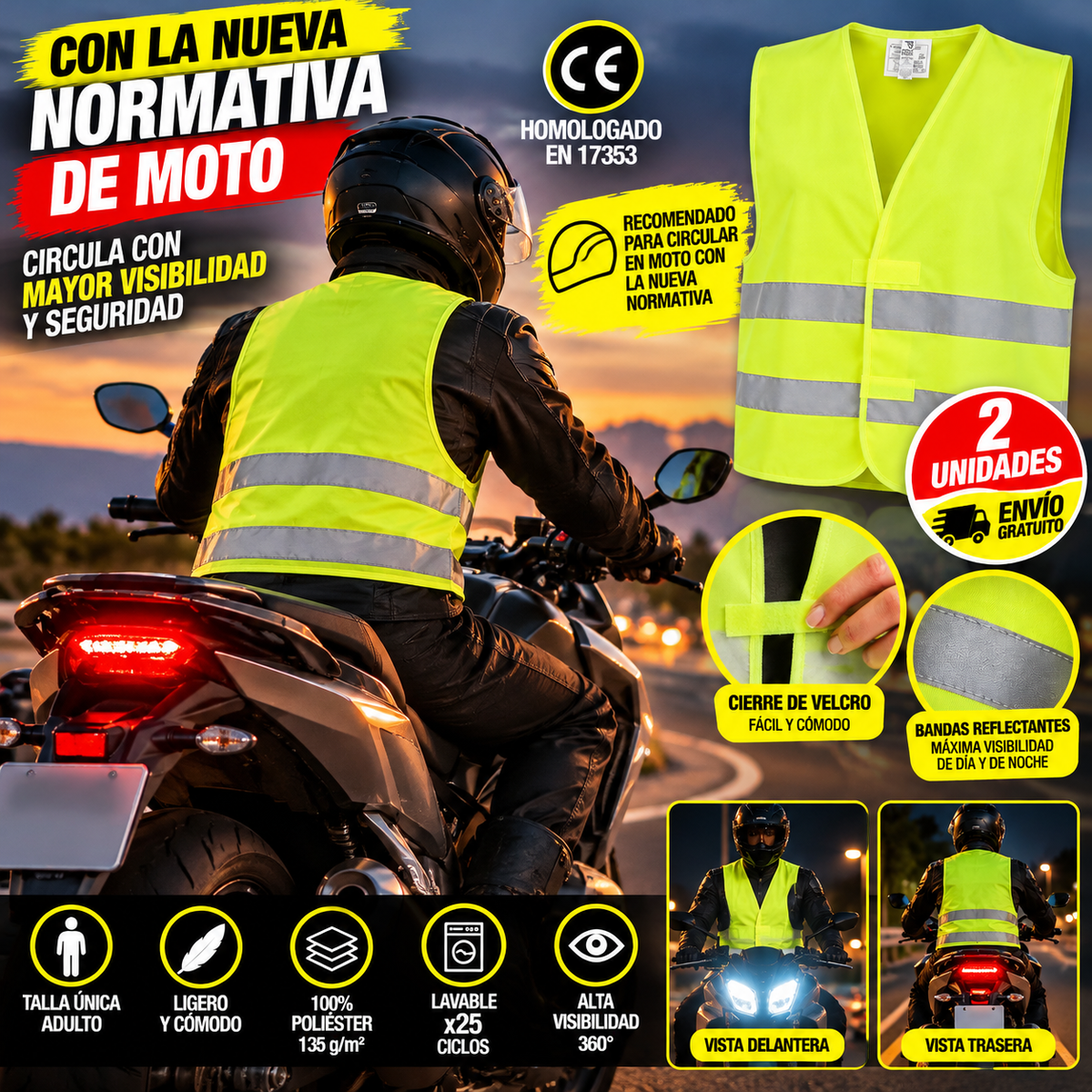Chaleco Reflectante Moto Alta Visibilidad con Velcro | Pack 1 o 2 Unidades | Talla Única Adulto | Amarillo Fluorescente | Envío Gratis