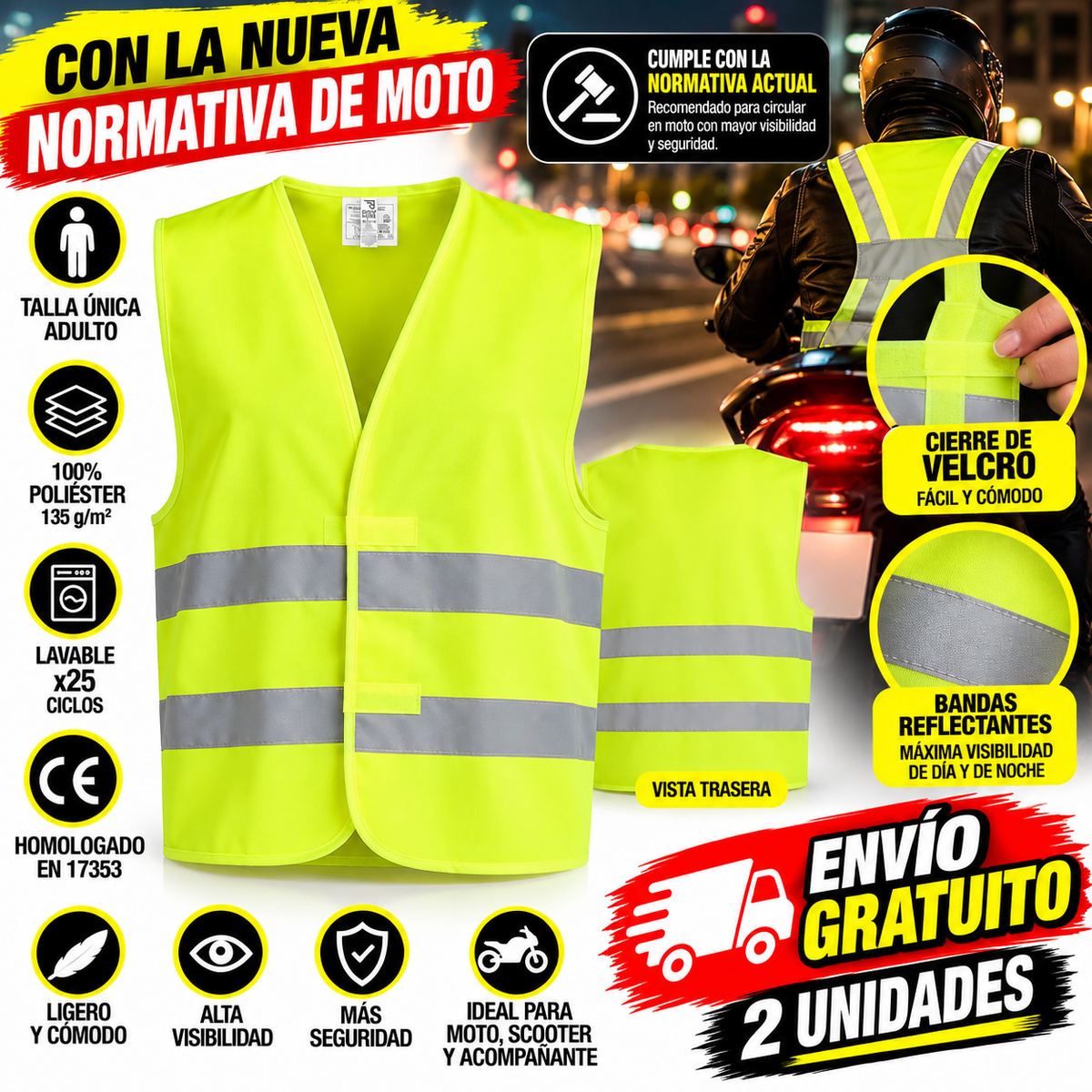 Chaleco Reflectante Moto Alta Visibilidad con Velcro | Pack 1 o 2 Unidades | Talla Única Adulto | Amarillo Fluorescente | Envío Gratis