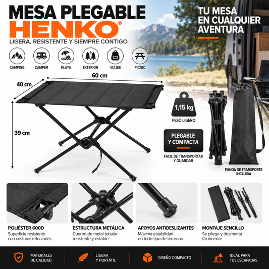 Mesa Plegable Camping HENKO 60x40 cm – Portátil y Ligera con Bolsa para Camper, Playa y Picnic