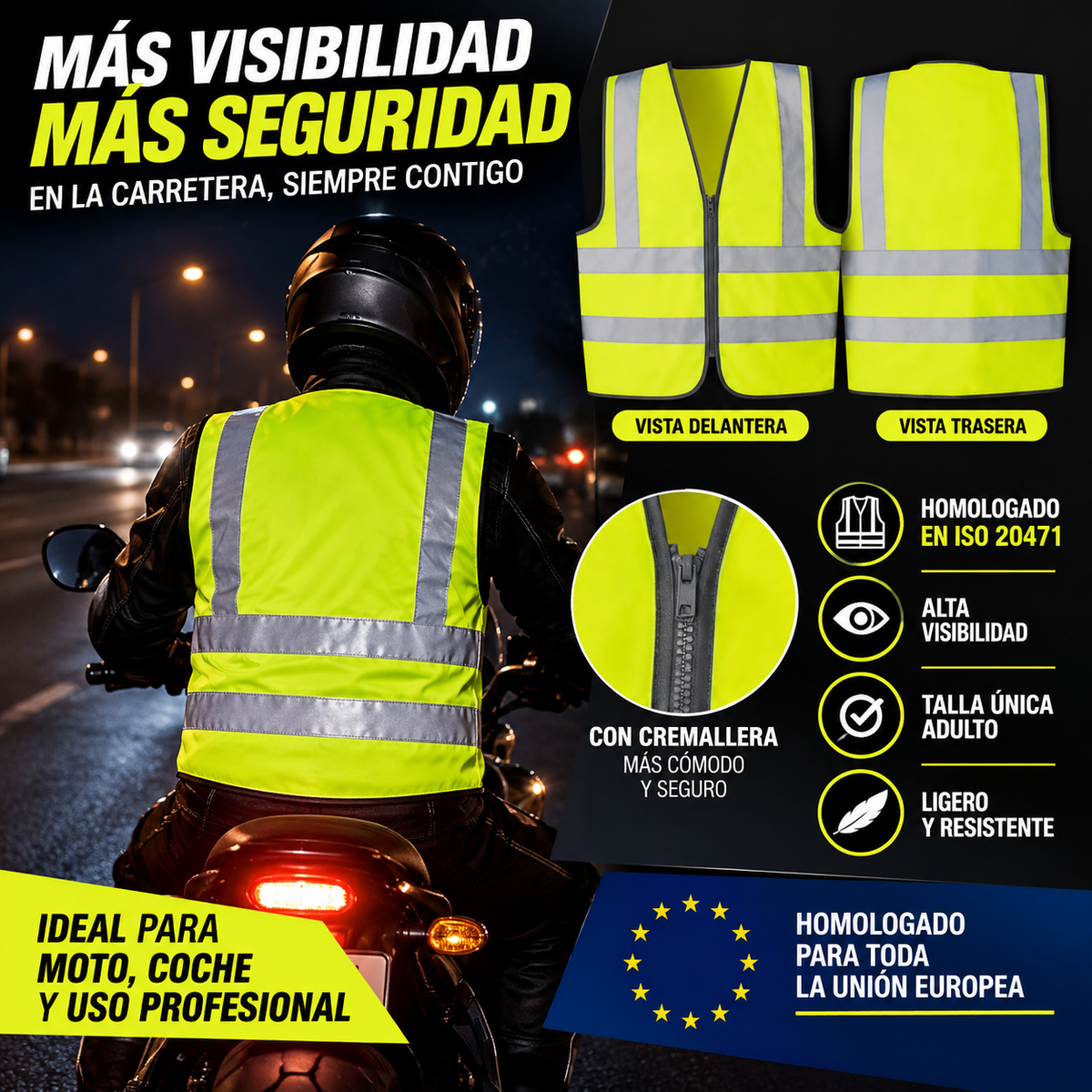 Chaleco Reflectante para Moto con Cremallera | Alta Visibilidad ISO 20471 | Talla Única Adulto | Amarillo Fluorescente