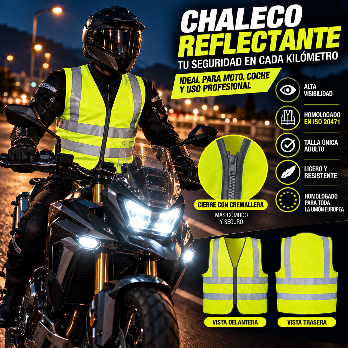 Chaleco Reflectante para Moto con Cremallera | Alta Visibilidad ISO 20471 | Talla Única Adulto | Amarillo Fluorescente