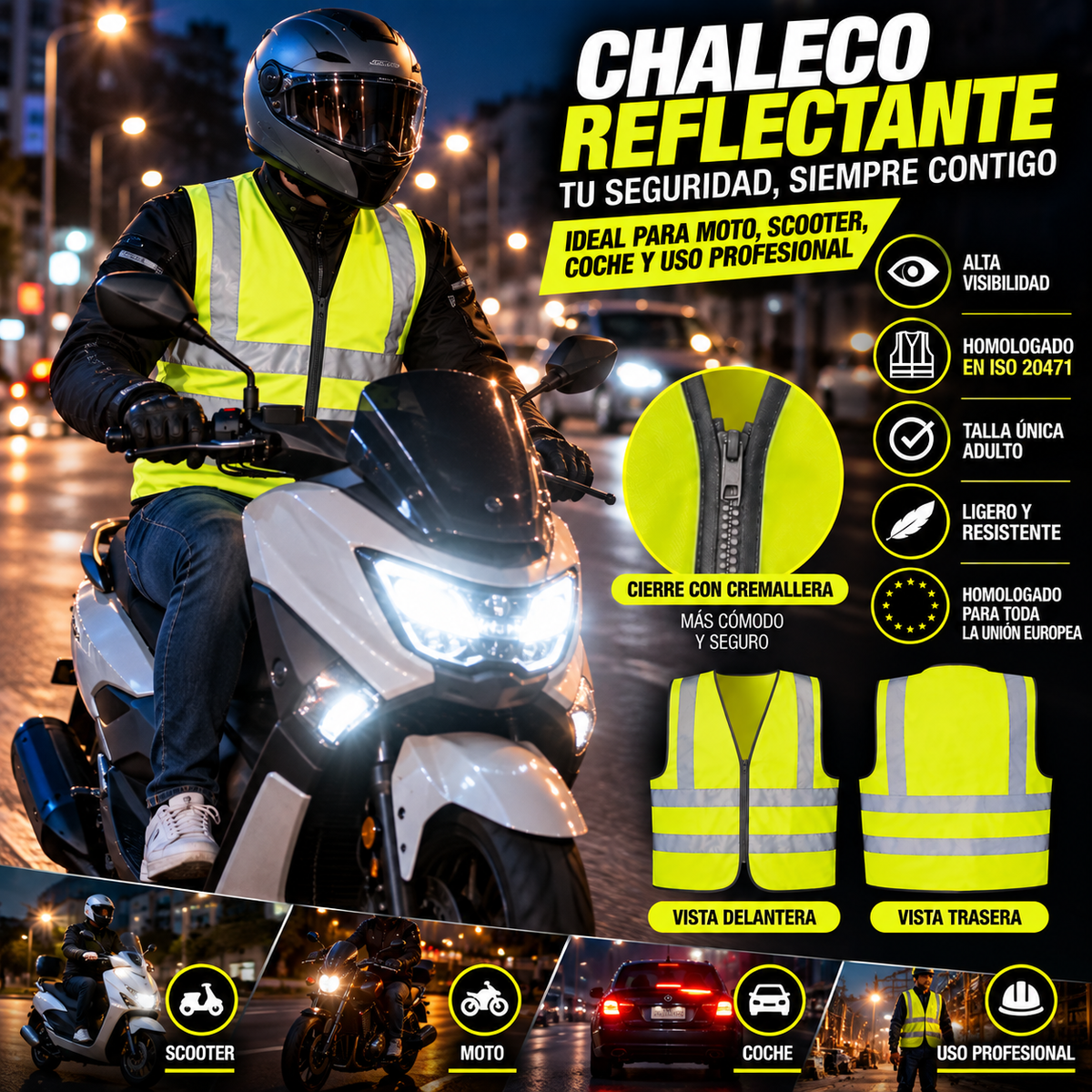 Chaleco Reflectante para Moto con Cremallera | Alta Visibilidad ISO 20471 | Talla Única Adulto | Amarillo Fluorescente
