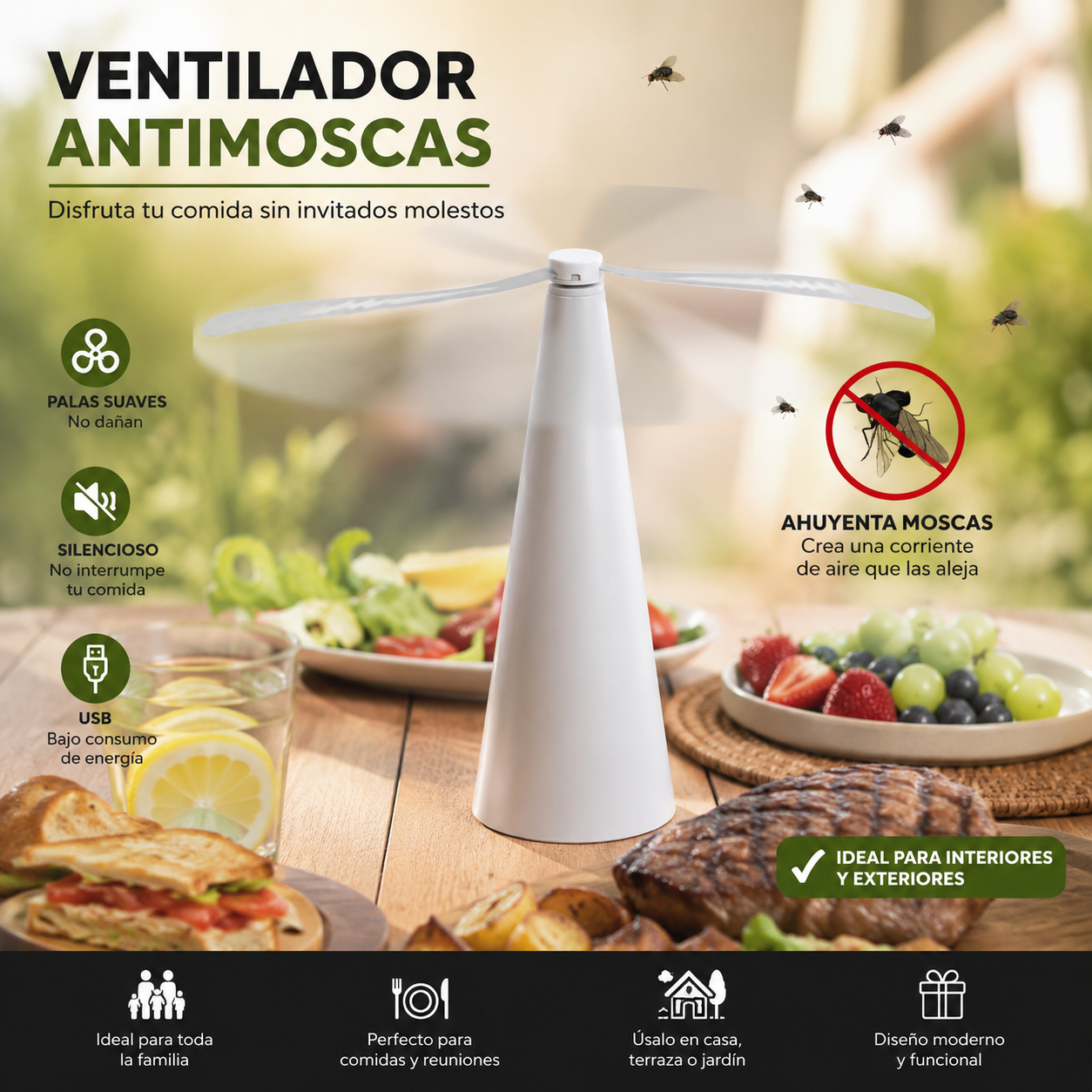 Ventilador Antimoscas para Mesa | Repelente de Moscas Silencioso para Comidas en Interior y Exterior