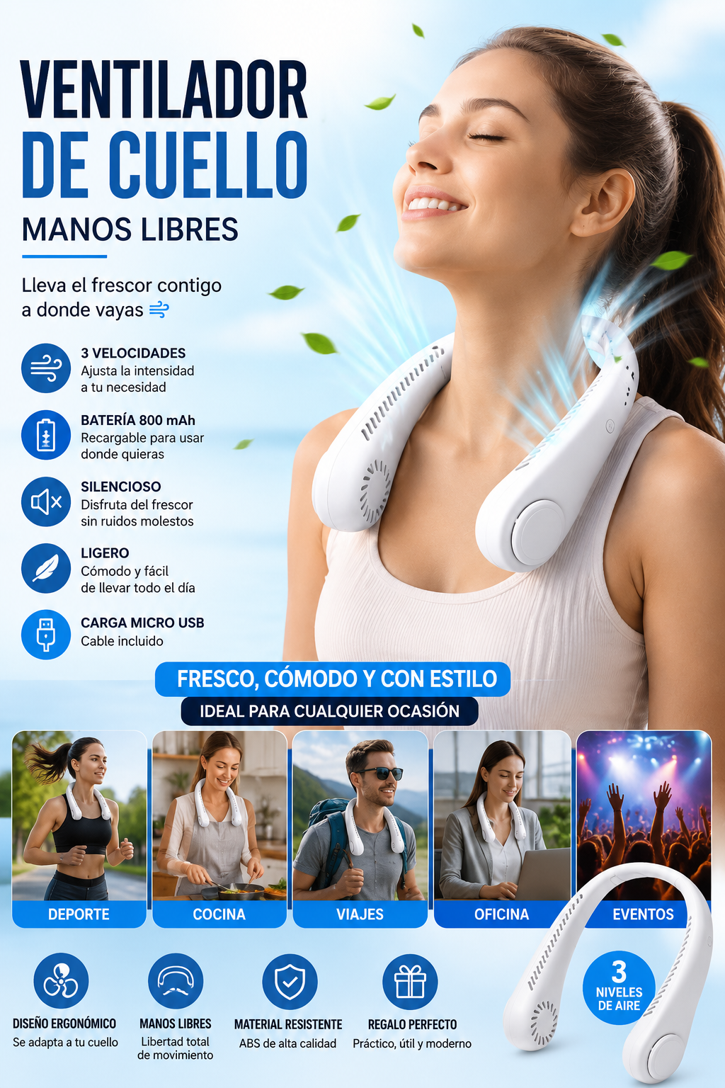 Ventilador de Cuello Portátil Recargable | 3 Velocidades | Manos Libres | Batería 800 mAh
