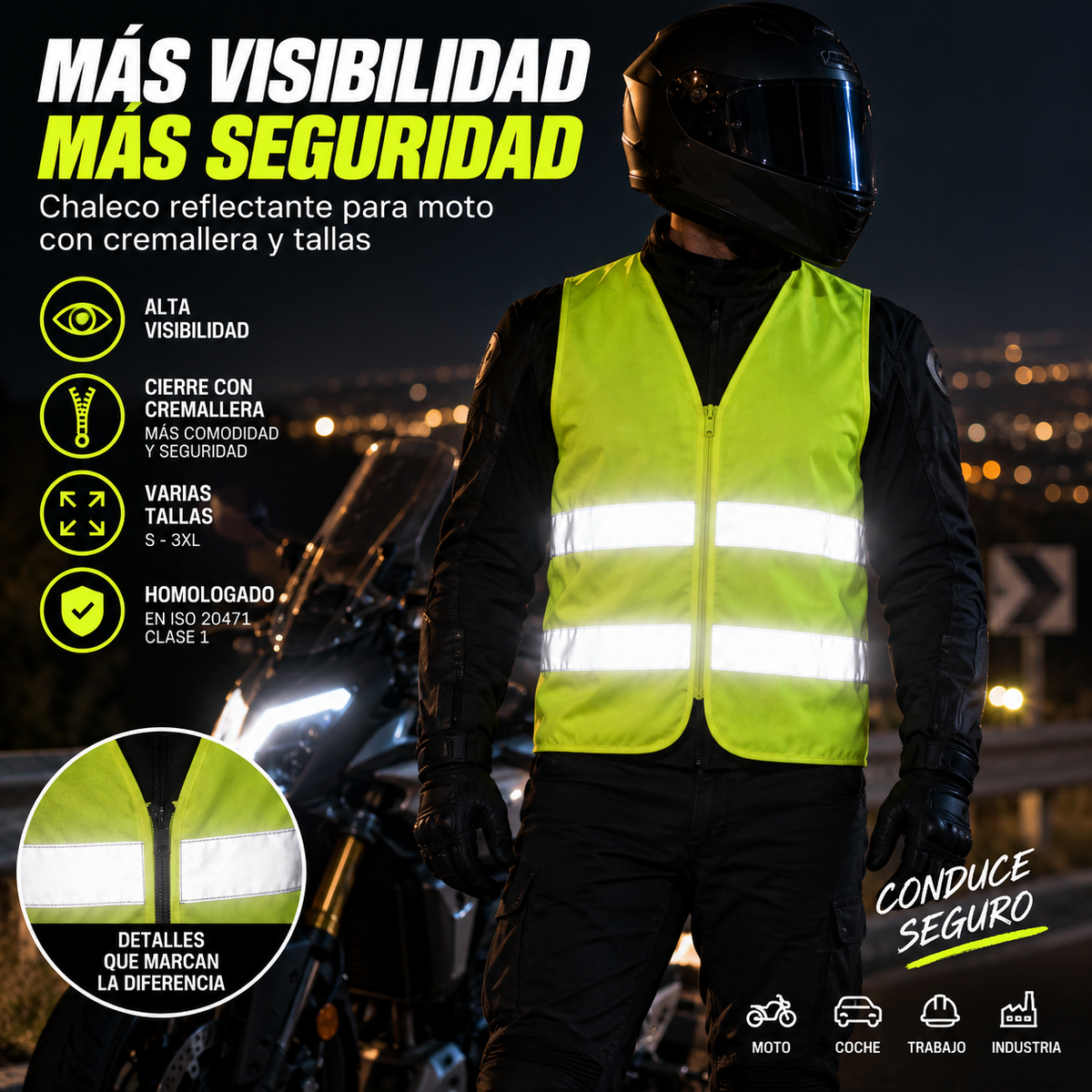 Chaleco Reflectante Moto con Cremallera | Alta Visibilidad EPI Cat. II | EN ISO 20471 Clase 1 | Varias Tallas
