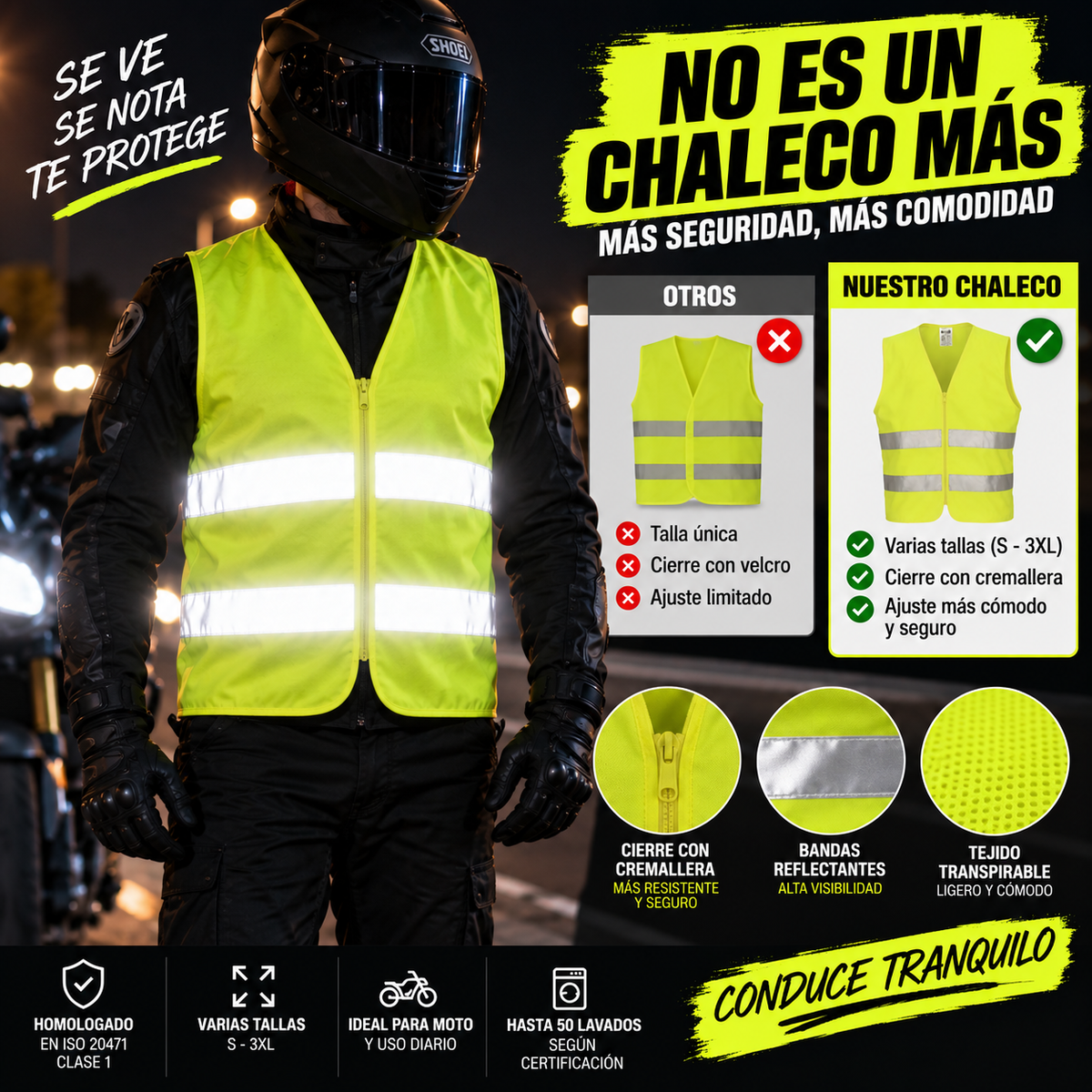Chaleco Reflectante Moto con Cremallera | Alta Visibilidad EPI Cat. II | EN ISO 20471 Clase 1 | Varias Tallas