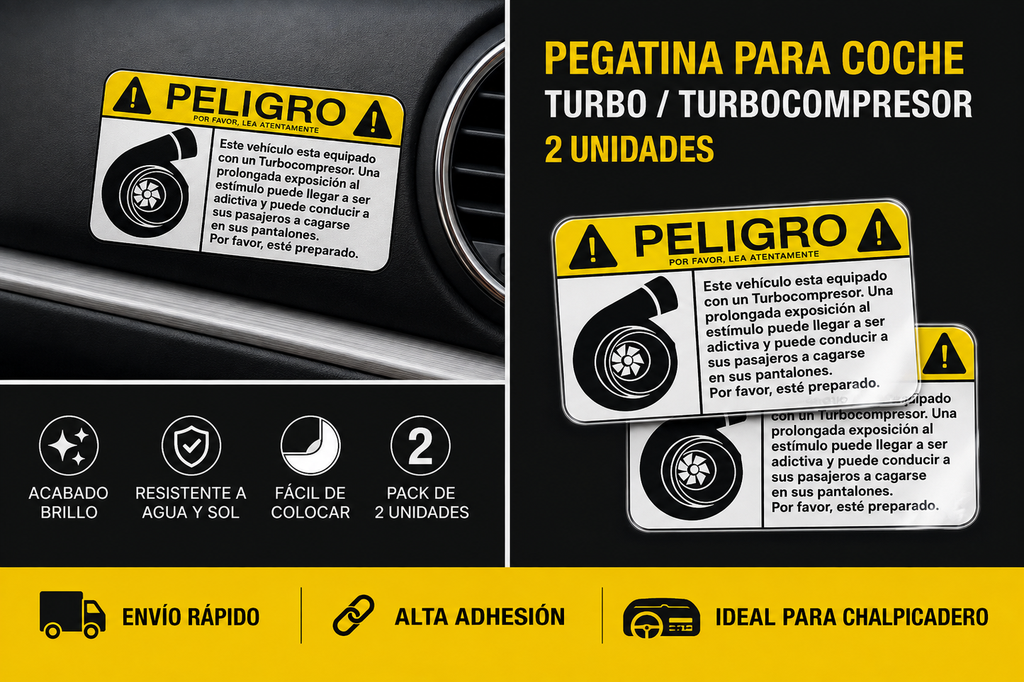 🚗💨 PACK 2 PEGATINAS TURBO – PELIGRO