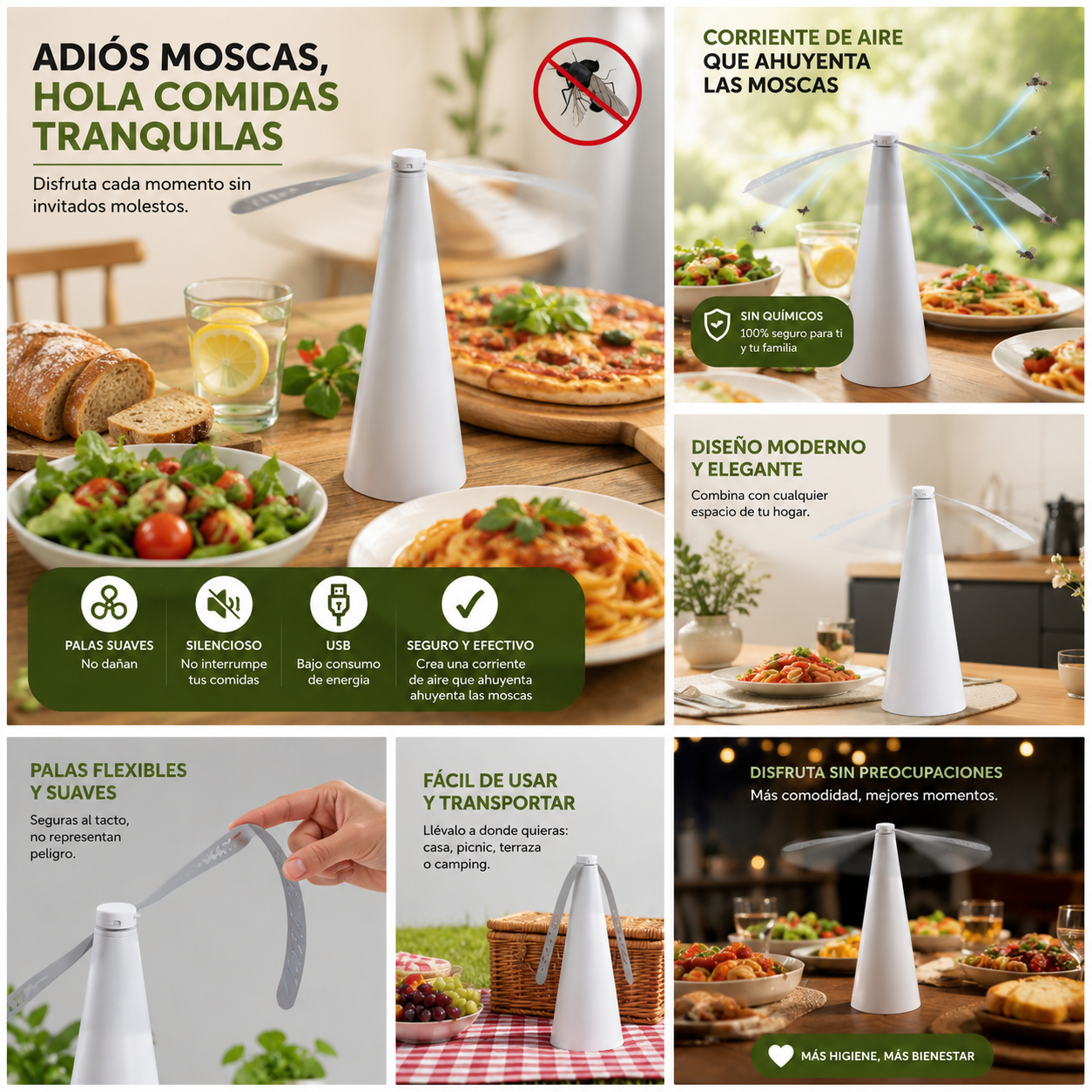 Ventilador Antimoscas para Mesa | Repelente de Moscas Silencioso para Comidas en Interior y Exterior