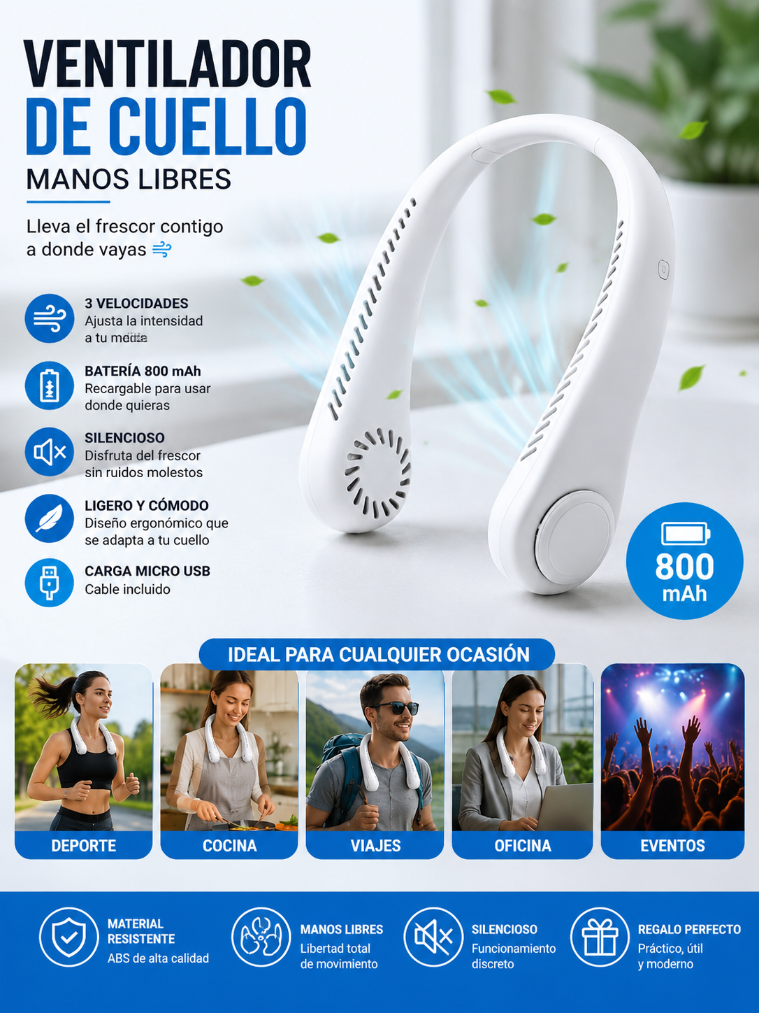 Ventilador de Cuello Portátil Recargable | 3 Velocidades | Manos Libres | Batería 800 mAh