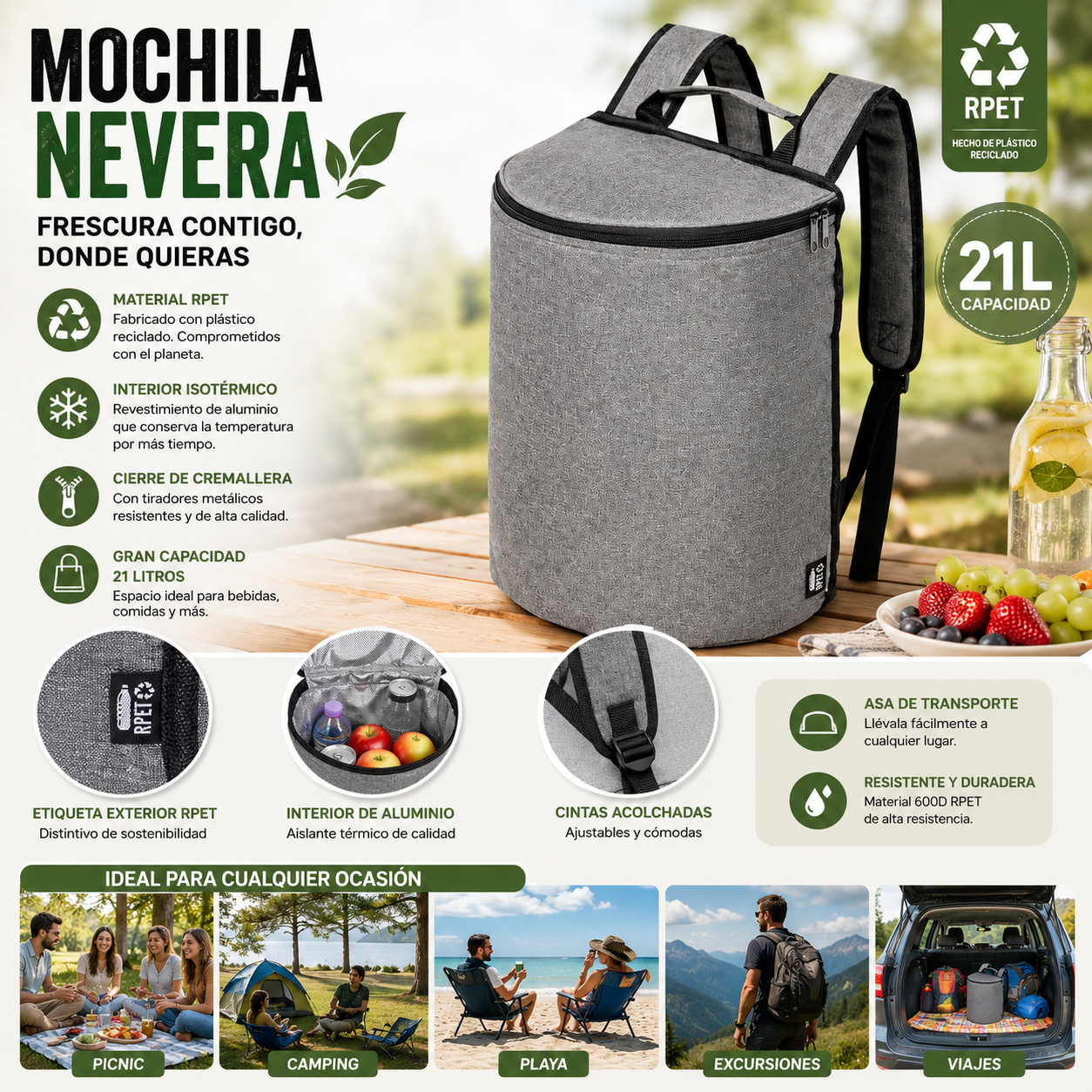 Mochila Nevera Isotérmica 21L | Bolsa Térmica Portátil para Playa, Camping y Picnic | RPET Reciclado