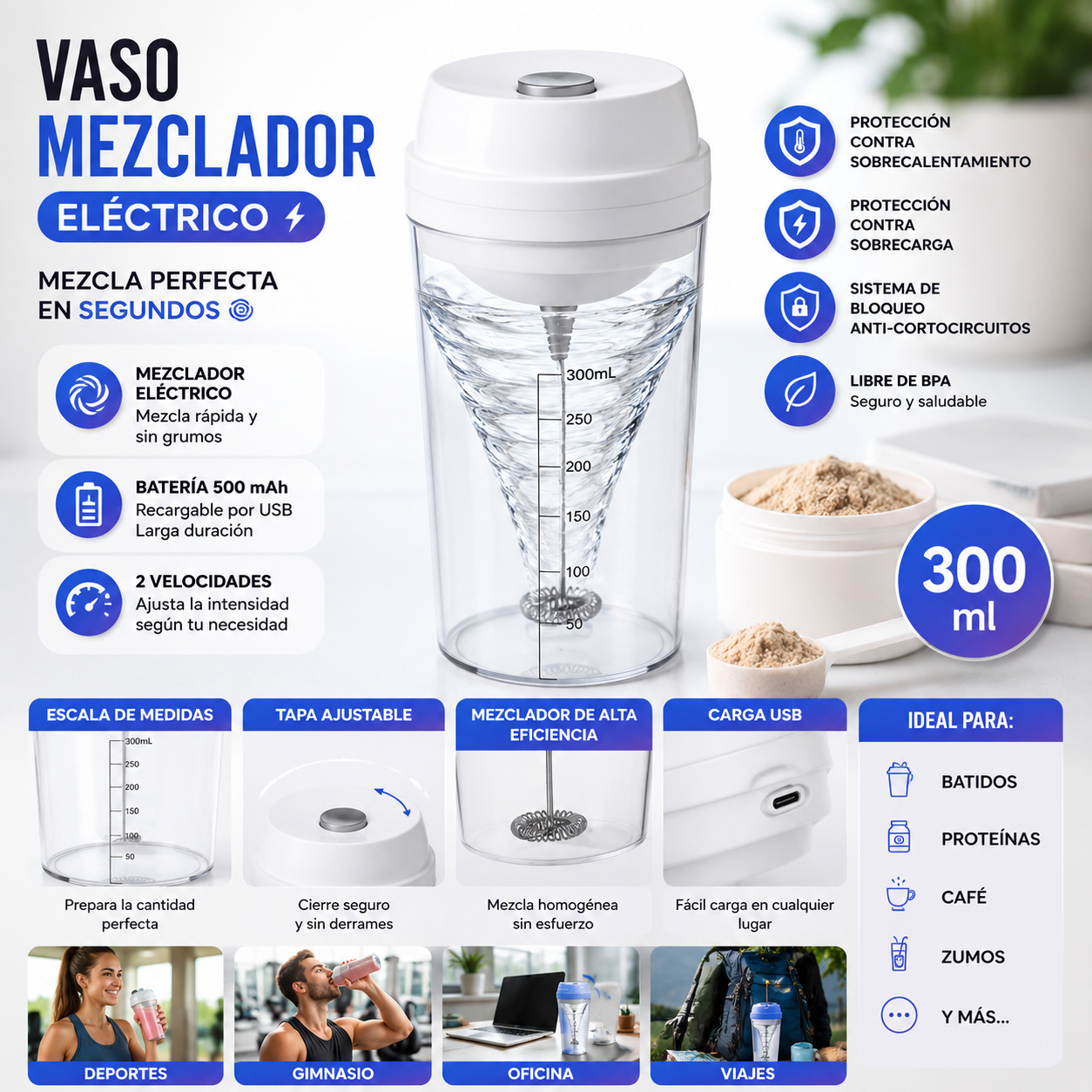 Vaso Mezclador Eléctrico Recargable 300 ml | Shaker Automático para Proteínas, Café y Batidos | 2 Velocidades
