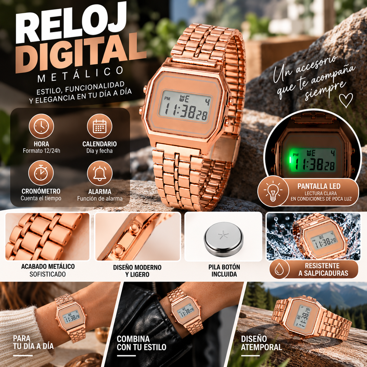 Reloj Digital Metálico Retro Oro Rosa con Luz LED, Alarma y Cronómetro