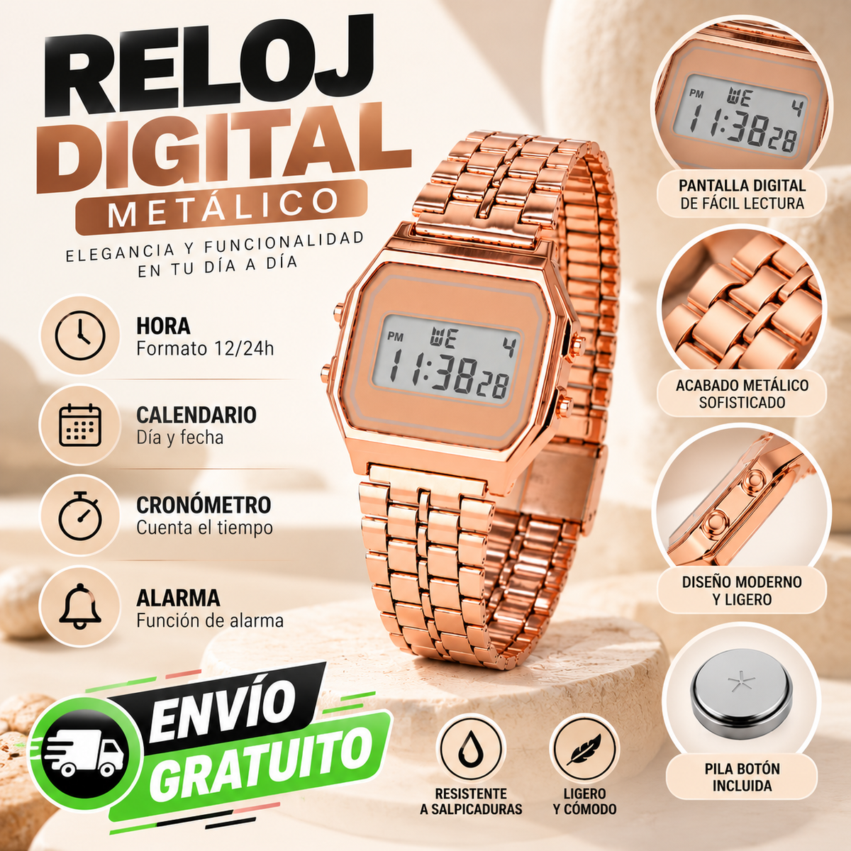 Reloj Digital Metálico Retro Oro Rosa con Luz LED, Alarma y Cronómetro
