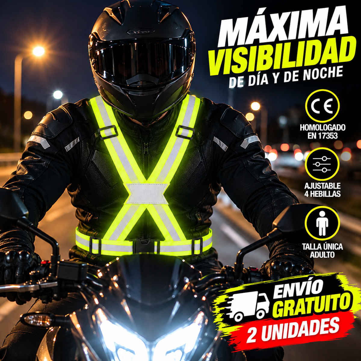 Pack 2 Chalecos Reflectantes Moto y Scooter | Arnés Alta Visibilidad Homologado EN 17353 | Ajustable Talla Única Adulto | Envío Gratis