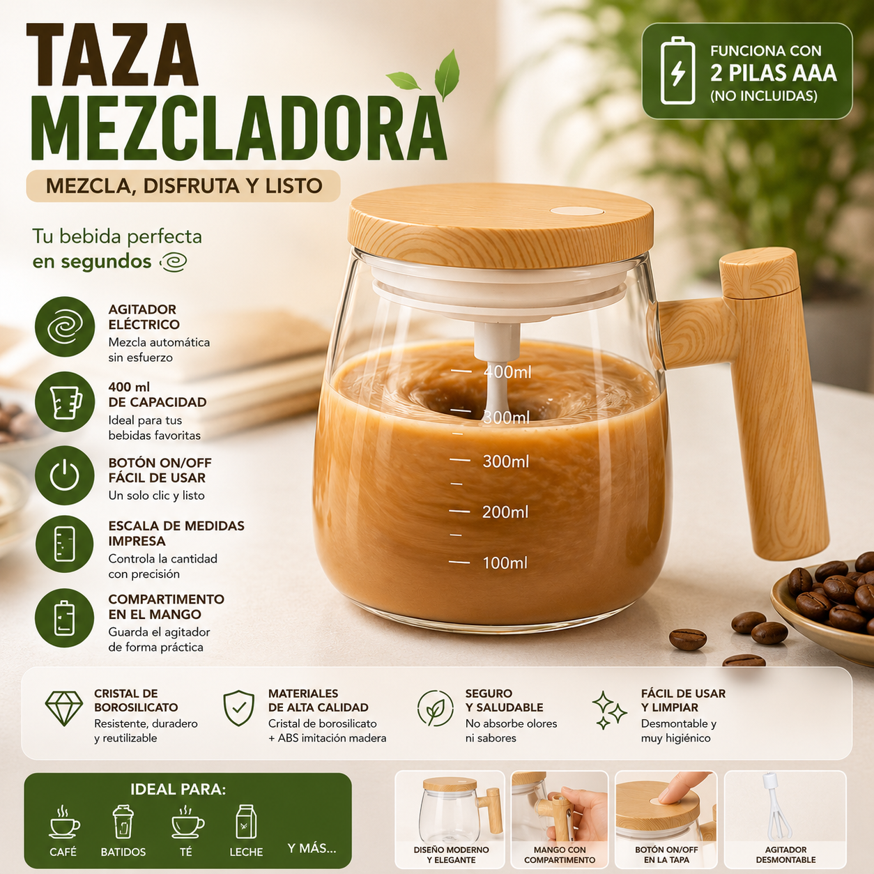 Taza Mezcladora Eléctrica 400 ml | Agitador Automático para Café, Cacao, Té y Batidos | Cristal Borosilicato